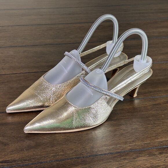 Open Edit Women's Slingback Pump Heels Size 7 Gold Bling Kitten Heel Pointed Toe - Picture 1 of 8